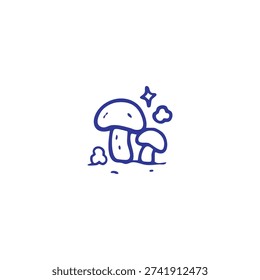 A simple blue outline drawing of two mushrooms with a sparkling star and small clouds.