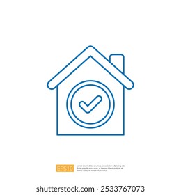 A simple blue outline of a house with a checkmark inside a circle, symbolizing approval or verification related to housing or real estate.