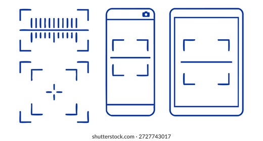 Ilustrações simples de contorno azul de vários dispositivos móveis mostrando a composição da interface e elementos de design em um fundo limpo de um ponto de vista direto