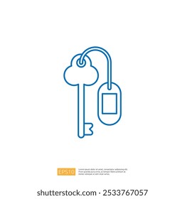 A simple blue outline of a key with a tag attached, symbolizing security and access.