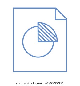 Simple blue outlined document with a pie chart, symbolizing data, reports, and statistics.