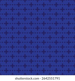 Simple blue pattern of dotted lines and plus symbol. Seamless pattern print vector illustration. Repeating pluses connected by lines of squares in a repeating sequence of plus and three dots. EPS 10.