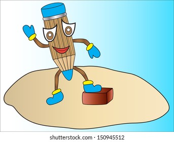 simple blue pencil cartoon character with a person's hands and feet