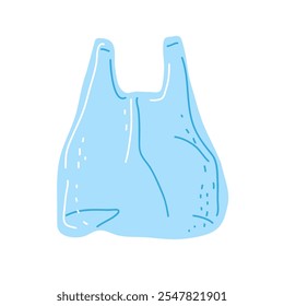 A simple blue plastic shopping bag hanging against a white background