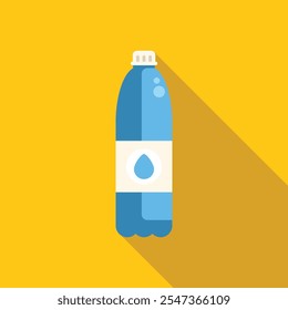 Frasco de água de plástico azul simples está em pé sobre um fundo amarelo com uma sombra longa
