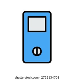 Simple blue portable media player icon with screen and play pause button on a white background rectangular shape and black outline