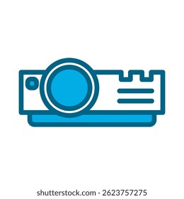 Um ícone de projetor azul simples sobre um fundo branco, adequado para tecnologia, apresentações e temas educacionais