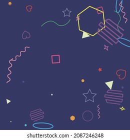 Simple Blue Rectangle Zigzag Oval Violet Hearts Simple Hipster Art. Pastel Ring Multicolor Circle Stars Lime Geometrical Design. Bright Red Green Orange Polygonal Dark Colorful Background.