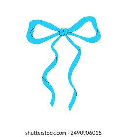 A simple, blue ribbon bow with two trailing tails.