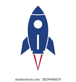 Simple blue rocket icon with red flame on white background. Symbolizing launch, space travel, and speed. Ideal for web design, apps, and educational materials about space.