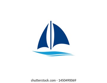 Simple blue sailboat with white sails on a stylized light blue ocean wave