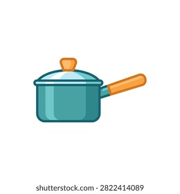 A simple blue saucepan with an orange handle and lid isolated on a white background.