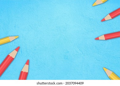 simple blue School background with different colors of pens in the edges