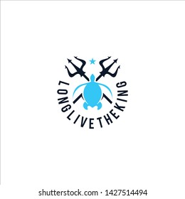 simple blue sea turtle and trident in badge style