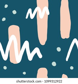 Simple blue seamless pattern with colorful abstract shapes. Creative geometric background. Modern and original textile, wrapping paper, wall art design.Hand drawn graphic design