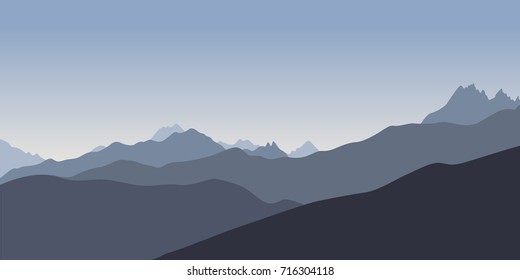 Simple blue silhoette of mountains in the evening. Vector illustration