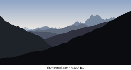Simple blue silhoette of mountains in the evening. Vector illustration