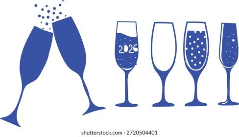 Simples ícones de silhueta azul representando flautas de champanhe brindar para uma celebração de ano novo ou evento de férias