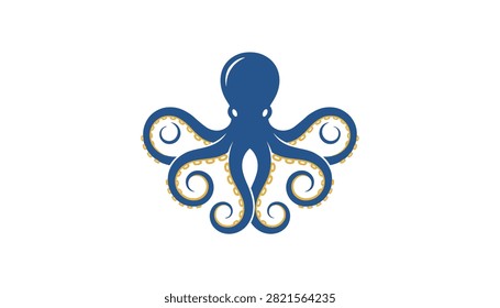 Simple blue silhouette of an octopus with symmetrical curled tentacles and golden suction cups on a white background.