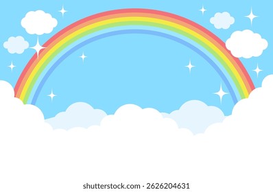 Simple blue sky, clouds, rainbow, sparkling background illustration