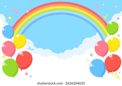 Céu azul simples, nuvens, arco-íris, balões, confete ilustração de fundo