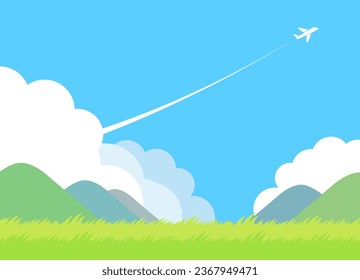 Simple blue sky, grassland and contrails