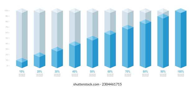 Simple blue slim chart bars template, 10% to 100% number text. Flat design interface illustration inforchart infographic elements for app ui ux web banner button vector isolated on white background