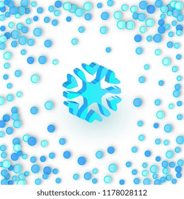 Simple blue snowflake icon on carnaval confetti background. Snow flake element for Christmas winter design and New Year decoration, refrigerator vector symbols or logo with a shadow