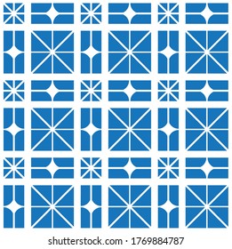 Simple blue squares bisected with crossing lines to make repeating patterns against a white background, geometric vector illustration