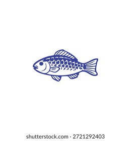 Una simple ilustración de pescado estilizado azul, completa con escamas y aletas, aparece sobre un fondo blanco liso.