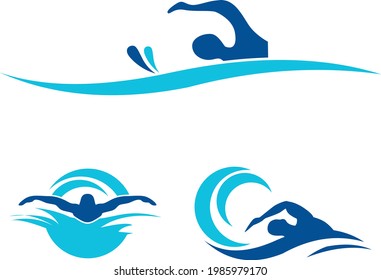 Simple Blue Swimming logo silhouette Sea Ocean Water Wave Logo design inspiration,  Swimming logo vector