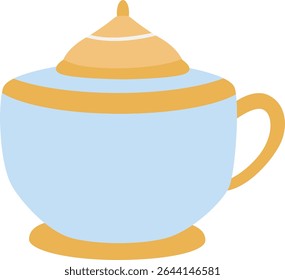 Simple blue tea cup with lid, symbolizing cozy warm drink, relaxing moment, hot beverage tradition, perfect for kitchen design, morning tea illustrations, and food decor.