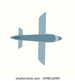 Simple blue toy airplane, top view. cute kid transport. Vector drawn flat illustration, clipart, sticker.