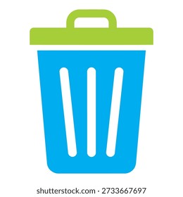 A simple blue trash can with a green lid and handle