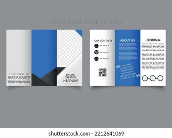 Simple blue tri-fold brochure with line icons in design. Vector empty trifold brochure print template design with blue. Catalog Vector Template.