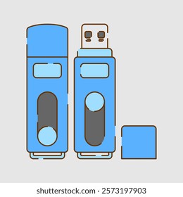 Simple blue USB flash drive icon vector, usb flash drive icon in lineal color style displayed with its cap removed to reveal the USB connector, symbolizing portable data storage and accessibility