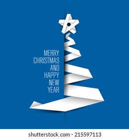 Simple blue vector christmas tree made from paper stripe - original new year card