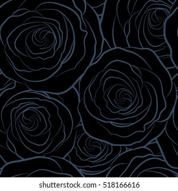 Simple blue vector roses silhouette seamless pattern.