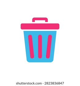 A simple blue waste bin with a pink top and handle presented on blank backdrop. This graphic signifies waste management solutions.