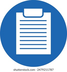 simple blue white document icon displays clipboard horizontal lines symbolizing content. Blue circle background highlights clipboard icon containing useful graphic forms, lists, notes