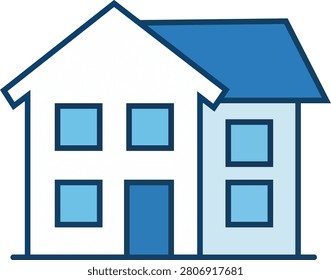 Simple blue and white house with a gable roof and several windows icon