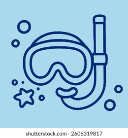 A simple blue and white line art illustration of a snorkeling mask and tube, surrounded by bubbles and a starfish.