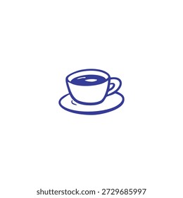 Um simples desenho azul e branco de uma xícara de café e pires.