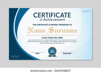 Design de modelo de certificado simples de conquista de onda azul e branca, modelo de conquista de certificado azul