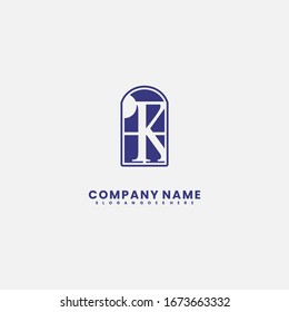 simple blue window with K logo letter sign design concept.