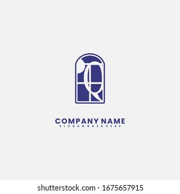 simple ventana azul con el concepto de diseño de la letra del logotipo Q.