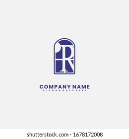 simple blue window with R logo letter sign design concept.