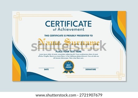 Simple blue and yellow wave design achievement certificate template, certificate of diploma template
