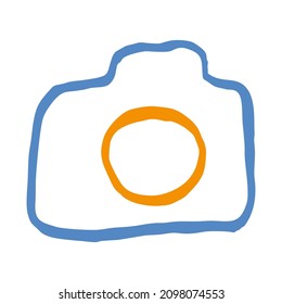 Sencillo doodle de contorno azul-naranja de la cámara. Icono de vector de línea de color dibujado a mano