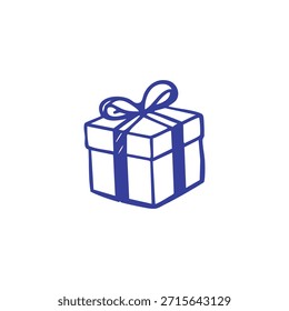 Ilustración simple, azul-delineada de una caja de regalo con un lazo en la parte superior